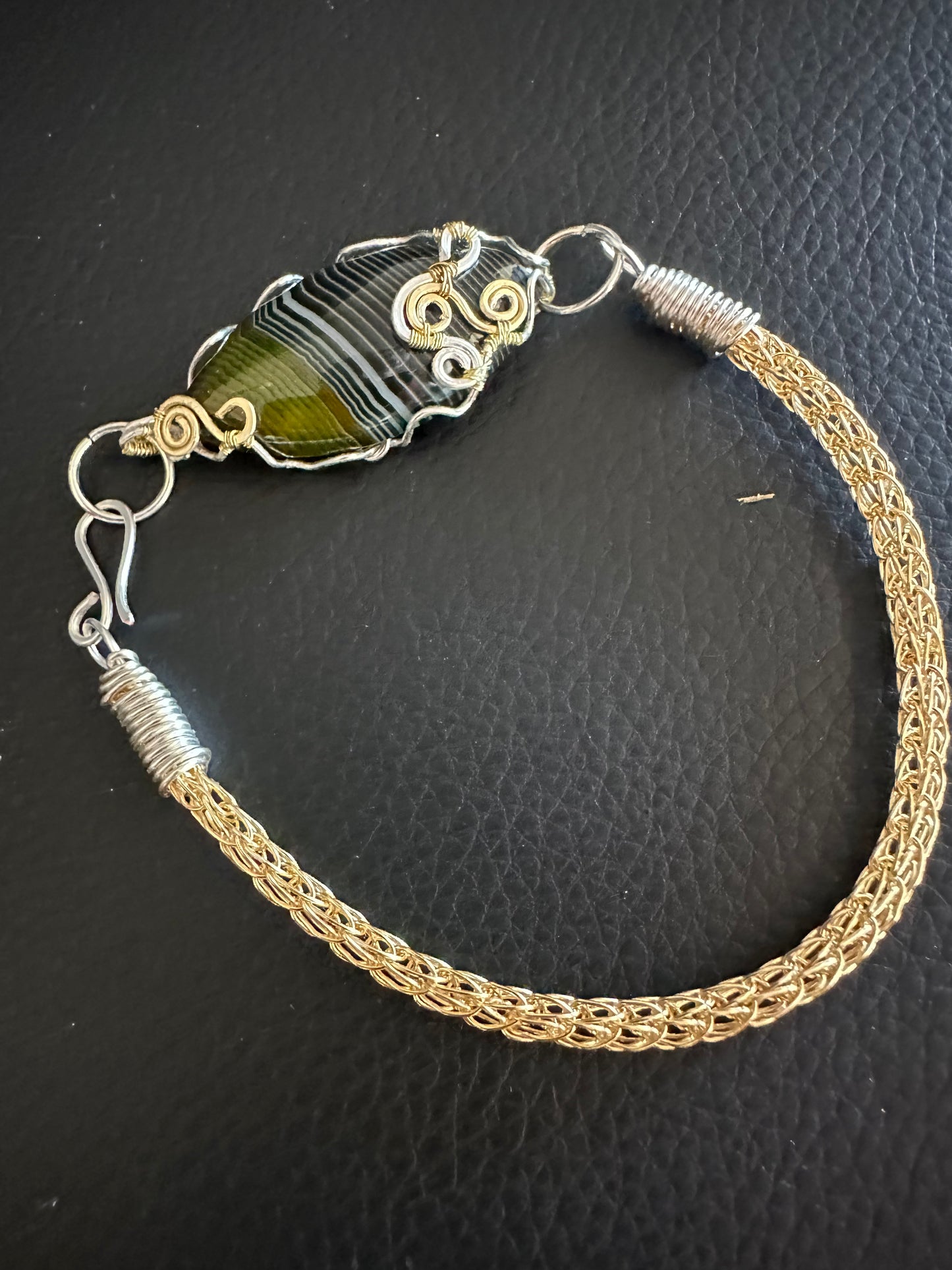 Handcrafted Viking Style Bracelet with Enhanced Green Agate, Silver, and 14k Gold Plating