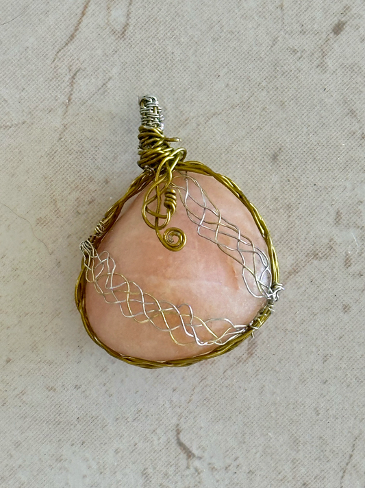 Beautiful Wired Peachy Crystal Pebble Pendant - Handmade Statement Jewelry