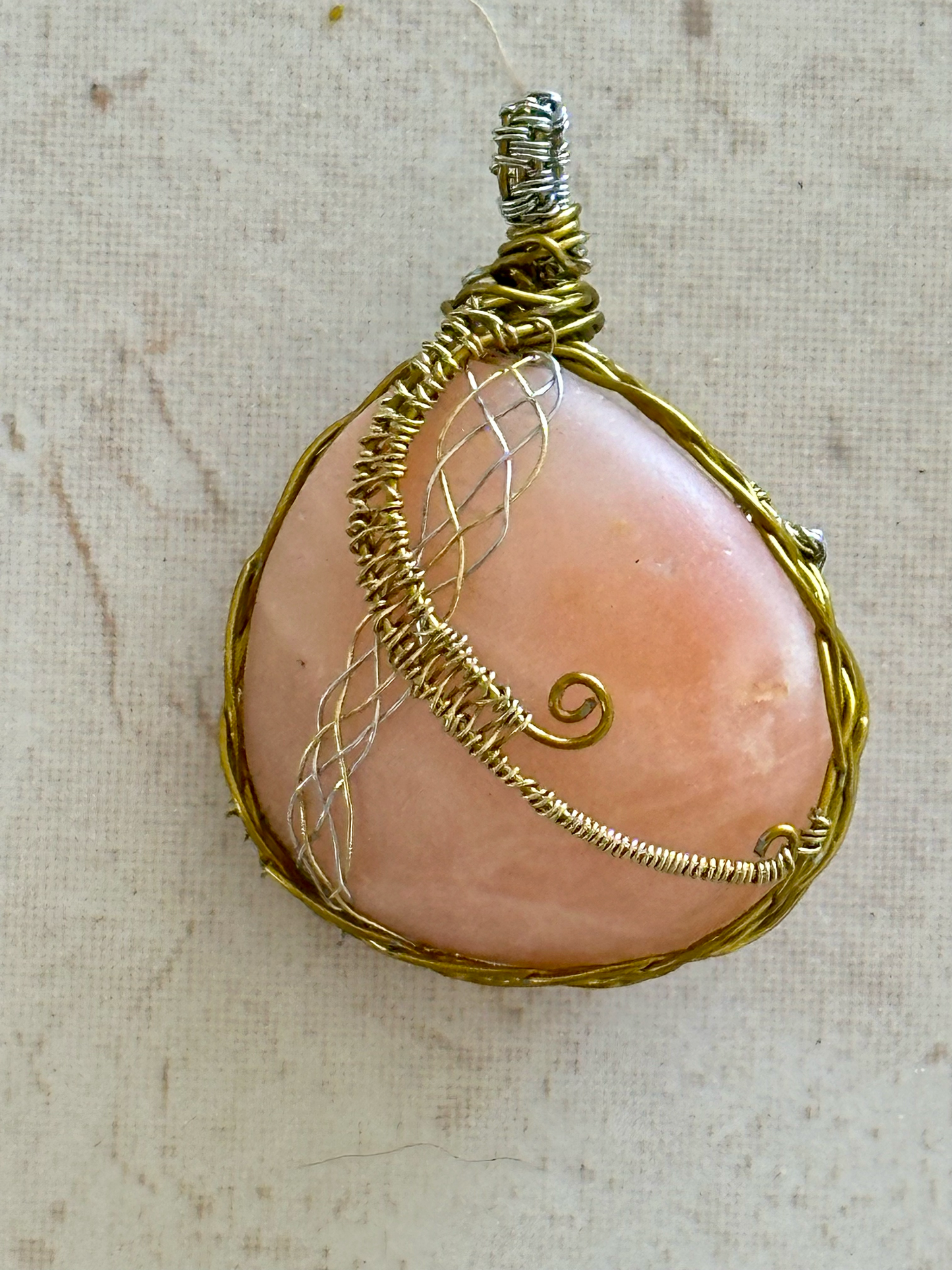 Beautiful Wired Peachy Crystal Pebble Pendant - Handmade Statement Jewelry