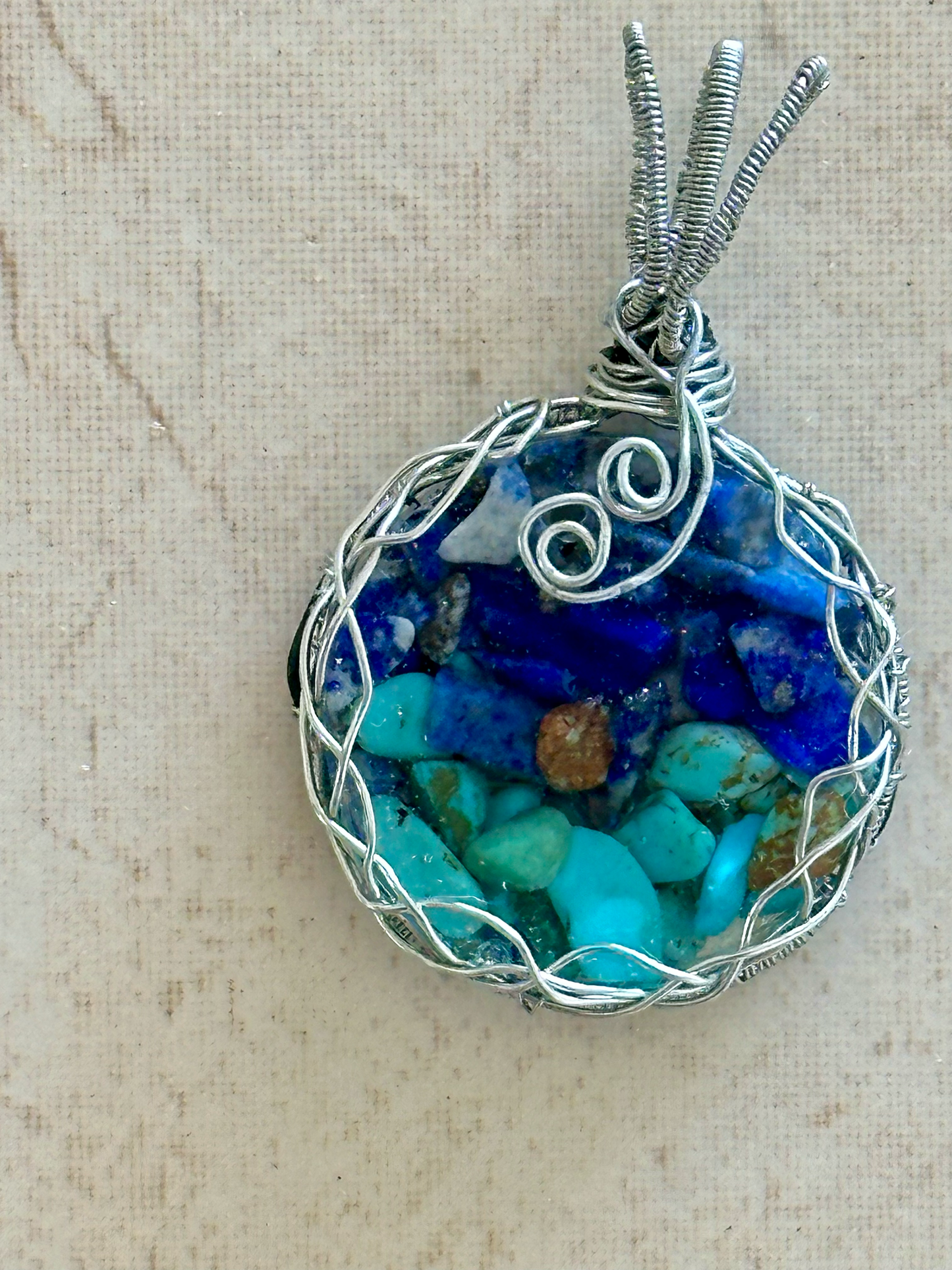 Unique Handcrafted Crystal Pebble Chips in Resin Pendant with Delicate Wirework