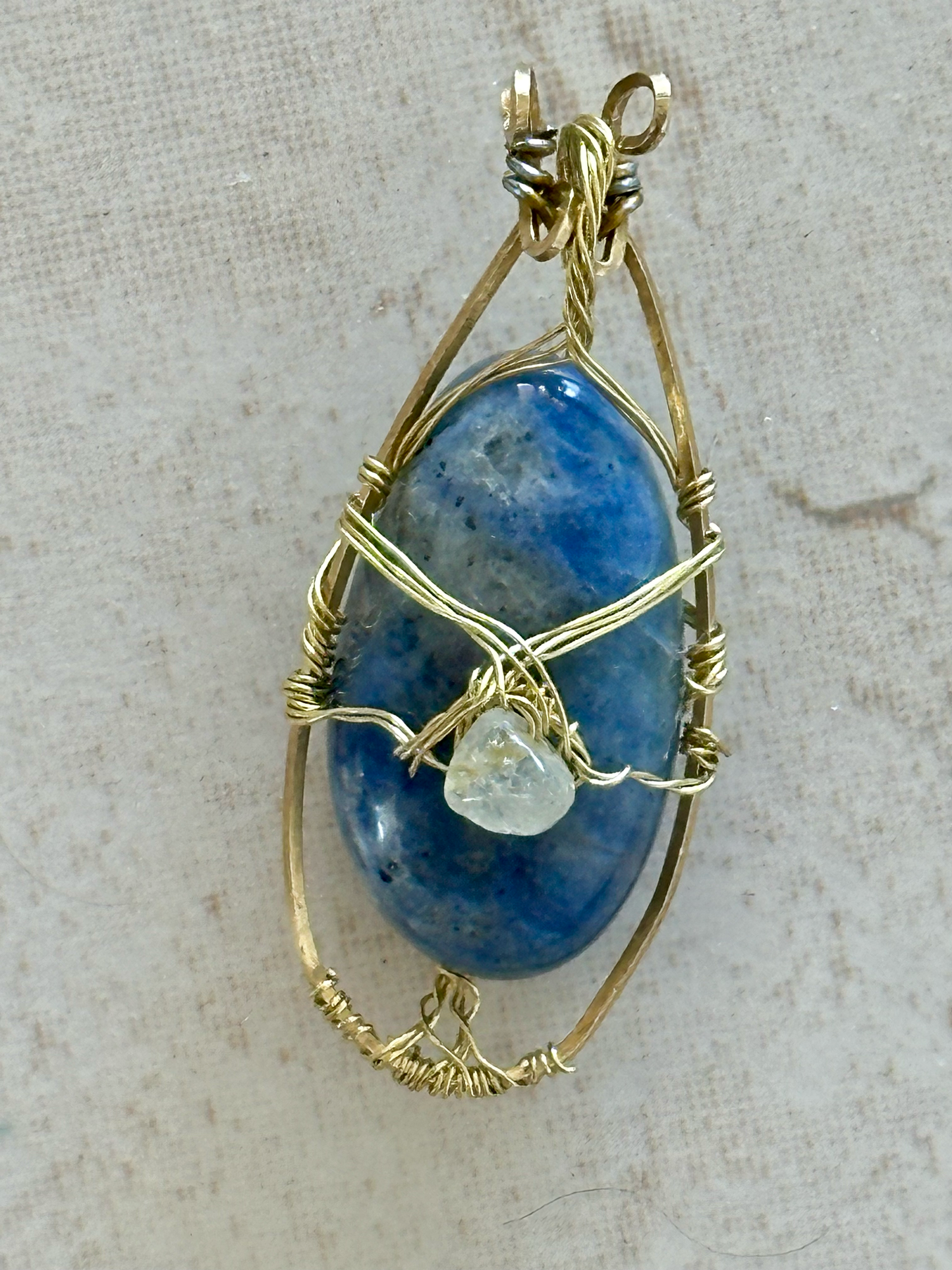 Handcrafted Blue Aventurine and Pale Calcite Crystal Pebble Pendant - Natural Beauty